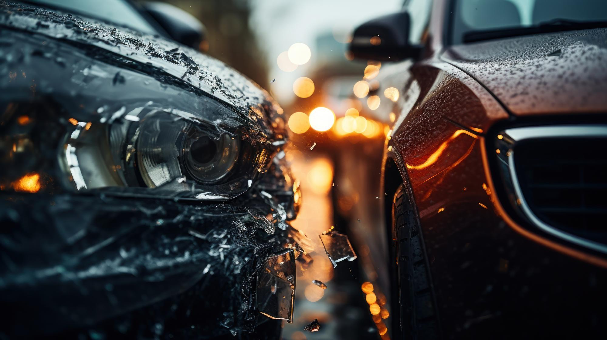 A close up picture of two cars crashing into each other. Flying glass and other shards are seen.